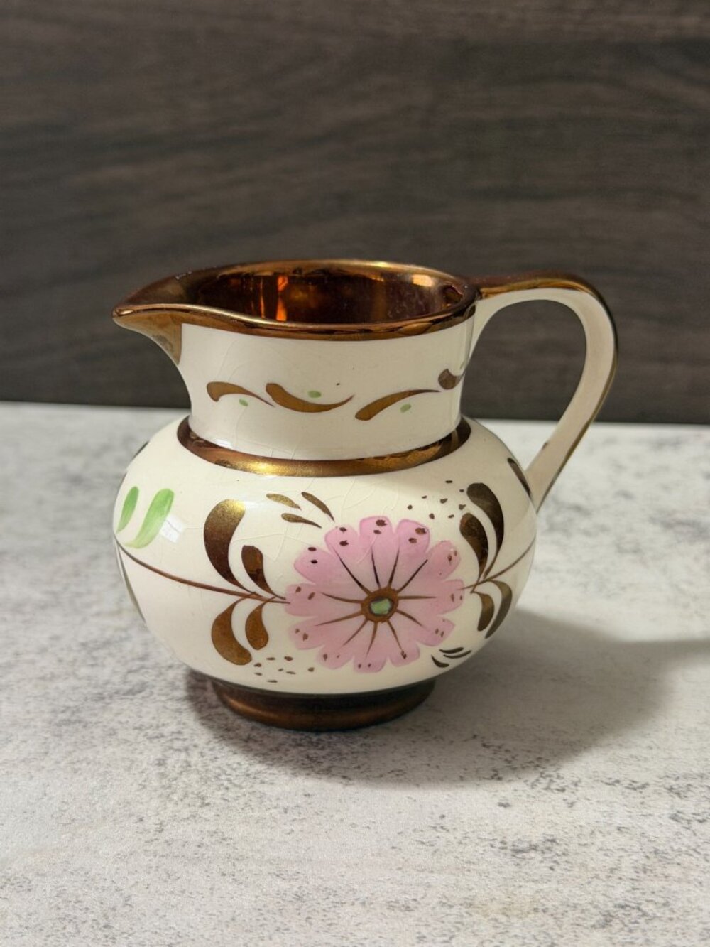 Vintage Old Castle Copper Lusterware Hand Painted Pink Floral 3.5" Creamer UK